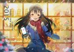  2015 :d black_hair blurry blush cake cellphone christmas christmas_ornaments christmas_tree coat depth_of_field earphones earphones food happy_new_year hat long_hair looking_at_viewer love_live!_school_idol_project new_year open_mouth phone scarf shop smartphone smile snow snowing sonoda_umi very_long_hair window winter yellow_eyes 