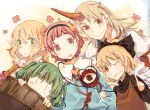  5girls atoki blonde_hair bow brown_dress brown_eyes bucket chireiden dress green_eyes green_hair hair_bobbles hair_bow hair_ornament hairband heart horn hoshiguma_yuugi in_bucket in_container kisume komeiji_satori kurodani_yamame looking_at_viewer mizuhashi_parsee multiple_girls one_eye_closed open_mouth pink_eyes pink_hair pointy_ears red_eyes shirt smile third_eye touhou twintails wooden_bucket |_| 