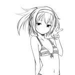  1girl bikini flat_chest front-tie_bikini front-tie_top looking_at_viewer monochrome short_hair simple_background solo swimsuit v white_background zaxwu 