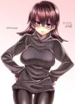  1girl blush breasts brown_hair glasses hands_on_hips no_pants pantyhose pink_eyes ribbed_sweater solo standing sweater tokita_monta 