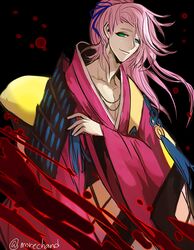  1boy green_eyes japanese_clothes long_hair moreshan pink_hair sode solo souza_samonji touken_ranbu 