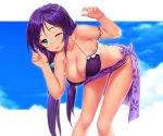  1girl :d bikini breasts cleavage green_eyes hair_bobbles hair_ornament leaning_forward long_hair love_live!_school_idol_project open_mouth purple_hair sarong shiny_skin sky smile solo swimsuit toujou_nozomi twintails zimajiang 