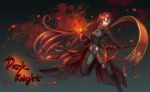  1girl bodysuit breasts elesis elsword fire long_hair open_mouth red_eyes redhead scarf solo sword weapon 