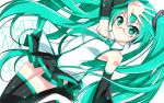  1girl 39 bespectacled boots character_name detached_sleeves glasses green_eyes green_hair hatsune_miku highres long_hair looking_at_viewer necktie sagamihara_sakyou skirt smile solo thigh-highs thigh_boots twintails very_long_hair vocaloid 