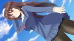  1girl brown_hair clouds hairband highres kasumigaoka_utaha long_hair long_sleeves looking_at_viewer open_mouth pantyhose red_eyes saenai_heroine_no_sodatekata school_uniform sizukage skirt sky solo 