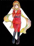  1girl absurdres belt black_background blonde_hair blue_eyes boots cyborg cyborg_009 diamond_(shape) francoise_arnoul hairband highres miura nail_polish scarf short_hair simple_background solo traditional_media watercolor_(medium) 