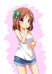  1girl blue_eyes blush bow breasts brown_hair finger_to_mouth hair_bow highres looking_at_viewer nitizyo original scribble short_hair short_shorts shorts smile solo tank_top w 