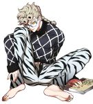  1boy argyle_sweater barefoot bespectacled book giorno_giovanna glasses guido_mista guido_mista_(cosplay) jojo_no_kimyou_na_bouken lipstick makeup nail_polish solo sweater tiger_print toenail_polish yellow_lipstick zakki 