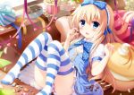  1girl blonde_hair blue_dress blue_eyes blush bow cake chair cookie dress food hair_bow heart long_hair open_mouth original panties pantyshot pantyshot_(sitting) pink_panties puffy_short_sleeves puffy_sleeves ribbon sen_kagura shirt short_sleeves sitting smile striped striped_legwear thigh-highs underwear very_long_hair 