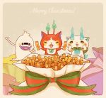  blush candy_bar cat chocoboo christmas closed_eyes drooling engrish fangs furoshiki ghost highres jibanyan kanacho koma-san merry_christmas multiple_tails no_humans open_mouth purple_lips ranguage sparkle tail two_tails whisper_(youkai_watch) youkai_watch 