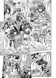  2girls :3 ^_^ akizuki_(kantai_collection) chou-10cm-hou-chan closed_eyes comic commentary_request flight_deck gloves kantai_collection monochrome multiple_girls muneate nichika_(nitikapo) open_mouth pleated_skirt school_uniform serafuku short_sleeves skirt translation_request twintails zuikaku_(kantai_collection) 