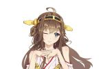  1girl ahoge bare_shoulders blush brown_eyes brown_hair double_bun headgear interlocked_fingers jiu_tiao kantai_collection kongou_(kantai_collection) long_hair looking_at_viewer nontraditional_miko one_eye_closed simple_background smile solo upper_body white_background 