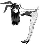  1girl animal_ears bent_over breasts bunnysuit high_heels long_hair looking_at_viewer monochrome rabbit_ears simple_background smile solo translation_request white_background zaxwu 
