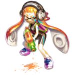  1girl bike_shorts domino_mask headphones inkling murakami_hisashi nintendo orange_eyes orange_hair smirk splatoon super_soaker 