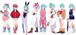 1girl :d animal_ears bare_shoulders black_dress blue_eyes blue_hair boots bracelet braid breasts brown_gloves bulma bunnysuit cleavage cross-laced_footwear dragon_ball dragon_ball_z dress earrings fake_animal_ears gloves grey_legwear gum_(gmng) hair_ribbon hand_on_hip hands_in_pockets hat high_ponytail jacket jewelry lace-up_boots leg_up long_hair multiple_persona name_tag open_mouth pantyhose ponytail purple_hair rabbit_ears ribbon short_hair shorts simple_background single_braid single_glove sleeveless sleeveless_dress smile star umbrella walking white_background 