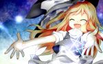  1girl ^_^ blonde_hair closed_eyes dairi happy hat kirisame_marisa long_hair outstretched_arms pentacle short_sleeves solo touhou turtleneck very_long_hair vest witch_hat 