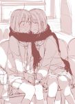  2girls blush closed_eyes monochrome multiple_girls original s@ki_kilisawa scarf shared_scarf sitting smile yuri 