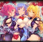  3girls artist_request ass bangs blonde_hair blue_eyes blue_hair blunt_bangs blush box breast_press breasts character_request detached_sleeves gift gift_box hair_ornament hairclip heart jpeg_artifacts leotard lying multiple_girls pink_eyes pink_hair pointy_ears short_hair short_twintails thigh-highs twintails valentine yellow_eyes 