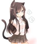  1girl ? animal_ears asashio_(kantai_collection) black_hair blue_eyes blush cat_ears cat_tail imperial_japanese_navy kantai_collection kemonomimi_mode long_hair orqz skirt solo spoken_question_mark suspenders tail white_background 