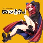    1girl ankle_boots boots bow breasts cape convenient_leg covered_mouth hair_bow high_collar highres large_bow legs looking_at_viewer miniskirt no_panties one_eye_closed ootsuki_wataru red_eyes redhead sekibanki short_hair skirt solo touhou tunic 