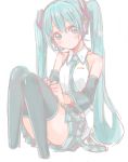  1girl blush detached_sleeves green_hair hatsune_miku long_hair looking_at_viewer necktie s@ki_kilisawa simple_background skirt solo thigh-highs twintails very_long_hair vocaloid white_background 