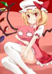  1girl abe_ranzu blonde_hair blush fang flandre_scarlet hat long_hair looking_at_viewer red_eyes red_nails short_sleeves side_ponytail sitting sketch smile solo stuffed_animal stuffed_cat stuffed_toy thigh-highs touhou wings 