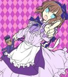  1girl a_(shiei_no_sona-nyl) apron argyle argyle_background blue_eyes bow brown_hair dark_skin doll dress frills hair_bow hairband hat hinata_(echoloveloli) lace lily_(shiei_no_sona-nyl) open_mouth pointing pointing_at_viewer purple_dress red_eyes ribbon shiei_no_sona-nyl short_hair sketch solo steampunk_(liarsoft) uniform white_hair 