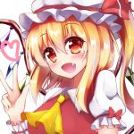  1girl blonde_hair blush fang flandre_scarlet hat hat_ribbon heart looking_at_viewer mob_cap open_mouth raised_hand red_eyes ribbon side_ponytail smile solo touhou upper_body v wings ymd_(holudoun) 