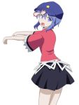  1girl blue_eyes blue_hair cato_(monocatienus) cowboy_shot d: hair_ornament hat looking_at_viewer miniskirt miyako_yoshika ofuda open_mouth outstretched_arms pale_skin short_hair skirt solo star_hair_ornament touhou tsurime zombie_pose 