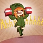  1girl :d =_= absurdres at2. bangs blonde_hair blush_stickers chibi closed_eyes creeparka creeper cupa_(at2.) emphasis_lines full_body gloves green_legwear hair_between_eyes highres holding hoodie long_sleeves minecraft open_mouth payot personification running shadow short_hair smile solo thigh-highs tnt tongue 