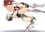  2girls alternate_costume bandages boots breasts fingerless_gloves german_suplex gloves green_eyes hair_bobbles hair_ornament hairband jpeg_artifacts konpaku_youmu large_breasts multiple_girls onozuka_komachi red_eyes redhead short_hair sideboob silver_hair simple_background small_breasts suplex thigh-highs tobisawa touhou twintails white_background wrestling wrestling_outfit 