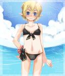  1boy bikini blonde_hair blue_eyes blush clouds commentary_request crossdressinging highres male_focus pointy_ears sky solo standing sumitaso sweatdrop swimsuit tears trap 