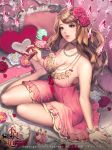  1girl bed breasts brown_eyes brown_hair choker cleavage curly_hair dress flower food hair_flower hair_ornament heart heart_pillow ice_cream jewelry large_breasts lips long_hair love_cacao nail_polish necklace pillow solo 