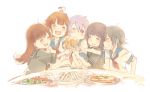  black_hair brown_eyes brown_hair fang food glass green_hair grin kantai_collection kiso_(kantai_collection) kitakami_(kantai_collection) kuma_(kantai_collection) long_hair ooi_(kantai_collection) pizza purple_hair salad sandwich smile tama_(kantai_collection) ume_(plumblossom) uniform violet_eyes wince 