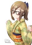  1girl brown_eyes brown_hair glasses japanese_clothes kantai_collection kimono nekobaka short_hair solo 