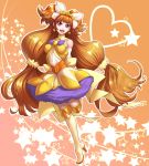  1girl :d amanogawa_kirara bare_shoulders brown_hair cure_twinkle earrings go!_princess_precure heart jewelry long_hair magical_girl multicolored_hair open_mouth precure redhead sayou smile solo star star_earrings thigh-highs twintails two-tone_hair violet_eyes white_legwear 