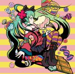  1girl ahoge album_cover aqua_eyes aqua_hair arm_strap bite_mark boots bra candy chips chocolate_bar choker cotton_candy cover eating gumballs halterneck hatsune_miku highres horizontal-striped_background iosys jawbreakers lollipop pantyhose sakamoto_kouji skirt skull_print solo sparkle star striped striped_background striped_bra striped_legwear underwear vocaloid wide_sleeves 