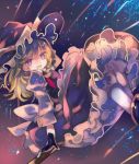  1girl blonde_hair blue_eyes bow braid broom broom_riding cha_goma hair_bow hat hat_bow kirisame_marisa night night_sky open_mouth sash side_braid sky solo touhou witch_hat 
