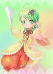  1girl :3 ahoge blush drill_hair fan frills green_hair hair_ornament kanaria outstretched_arm outstretched_hand pants pokomi rozen_maiden short_hair smile solo twin_drills 