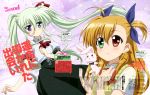  2girls absurdres ahoge blonde_hair blue_eyes blush blush_stickers bow bowtie einhart_stratos frown green_eyes green_hair hair_ribbon heterochromia highres long_hair lyrical_nanoha mahou_shoujo_lyrical_nanoha_vivid morishima_noriko multiple_girls newtype official_art open_mouth puffy_sleeves red_eyes ribbon sacred_heart scan school_uniform short_sleeves skirt stuffed_animal stuffed_bunny stuffed_toy sweater_vest twintails two_side_up violet_eyes vivio 