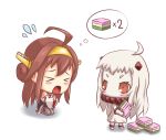  &gt;_&lt; 2girls ahoge begging brown_eyes brown_hair commentary_request flying_sweatdrops headgear hiiro_(midori_no_kakera) hishimochi japanese_clothes kantai_collection kneeling kongou_(kantai_collection) mittens multiple_girls nontraditional_miko northern_ocean_hime shinkaisei-kan thigh-highs white_hair white_skin 