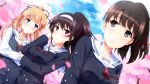  3girls alternate_hairstyle black_hair blonde_hair blue_eyes blush brown_eyes cherry_blossoms clouds collarbone crossed_arms hairband highres kasumigaoka_utaha katou_megumi long_hair looking_away multiple_girls open_mouth petals ponytail red_eyes saenai_heroine_no_sodatekata sakura_(k_tonpu) sawamura_spencer_eriri school_uniform sky 