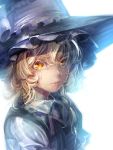  1girl blonde_hair bow braid crying hair_bow hair_ornament hat hat_ribbon kirisame_marisa lips looking_at_viewer puffy_sleeves ribbon shirt short_hair short_sleeves side_braid simple_background single_braid solo tears touhou upper_body vest white_background witch_hat yellow_eyes zounose 