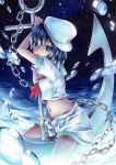  1girl anchor ascot black_eyes black_hair bubble chain commentary crop_top funnyfunny hat murasa_minamitsu navel night night_sky open_clothes open_shorts partially_submerged sailor_collar sailor_hat short_hair short_sleeves shorts sky small_breasts solo star stomach touhou traditional_media water 