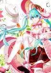  1girl aqua_eyes aqua_hair hat hatsune_miku iso1206 long_hair looking_at_viewer sitting solo teapot thigh-highs twintails very_long_hair vocaloid white_legwear 