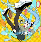  1girl animal_ears bangs cable candy cat_ears chocolate_bar directional_arrow double-breasted falling foreshortening gloves hatsune_miku ice_cream_cone jelly_bean lollipop microphone open_mouth pale_skin polka_dot polka_dot_background popsicle ringed_eyes sakamoto_kouji shoes skirt solo thigh-highs twintails vocaloid zipper 