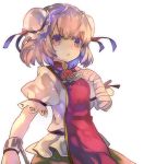  1girl bandaged_arm bandages bow bun_cover cha_goma chain cuffs double_bun flower hair_bun highres ibaraki_kasen looking_at_viewer open_mouth pink_eyes pink_hair puffy_sleeves rose shirt short_hair short_sleeves simple_background skirt solo tabard touhou white_background 