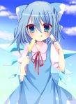  1girl :q ai_1003 blue_dress blue_eyes blue_hair blue_sky blush bow cirno clouds dress hair_bow highres light_particles looking_at_viewer popsicle puffy_short_sleeves puffy_sleeves ribbon short_hair short_sleeves sky solo tongue tongue_out touhou wings 