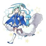  1girl altaria alternate_costume aqua_eyes aqua_hair asymmetrical_hair boots earrings hair_ornament hairclip idol jewelry long_hair lucia_(pokemon) mizu_(47ssn) official_style payot pokemon pokemon_(creature) pokemon_(game) pokemon_oras ponytail showgirl_skirt skirt skirt_set star star_earrings starry_background v winking 