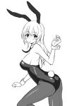  1girl animal_ears blush breasts bunny_tail bunnysuit long_hair monochrome rabbit_ears simple_background solo tail white_background zaxwu 